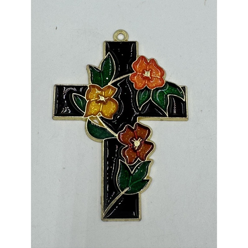 Vintage 70s Cross Flowers Stained Glass Enamel Sun Catcher Leaded Frame